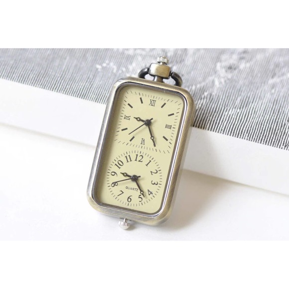 Pocket Watch Accessories - Dual Time Zone NEW Pocket Watch Pendant Vintage Bronze Rectangle Timepiece